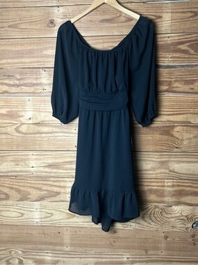 Black Long-Sleeve Scoop Neck Midi Dress with Ruffle Hem